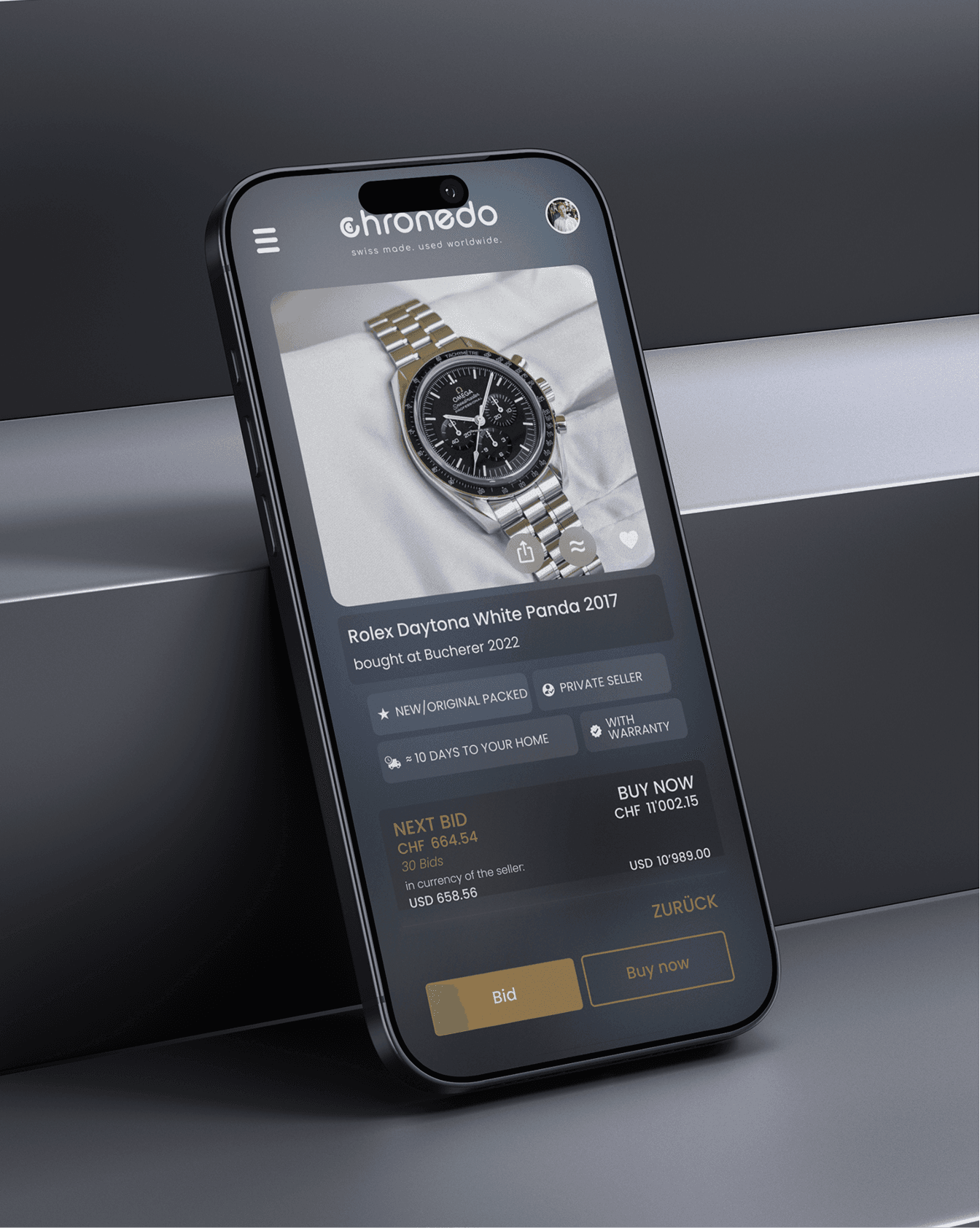 Chronedo, A modern, multi-currency marketplace for luxury watches, bidding, buy-now, dealer accounts and an editorial brand behind it.